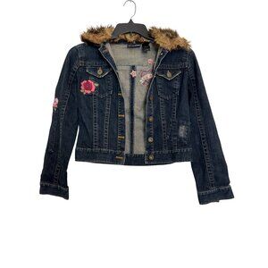 DKNY Jeans Womens Denim Jacket With Faux Fur Collar & Patches Size M Dark Wash
